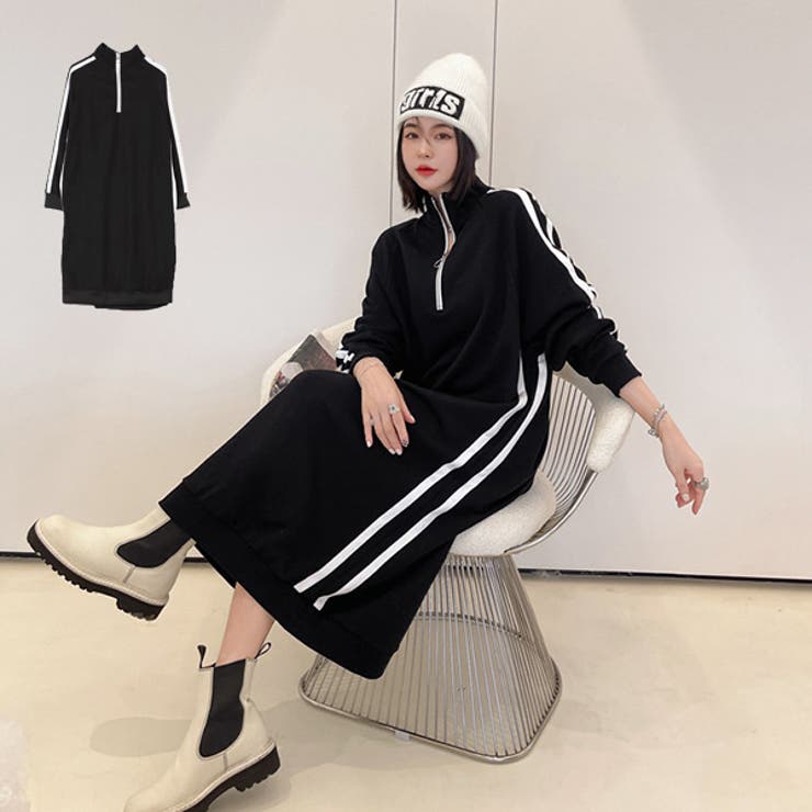 ワンピース ロングワンピース ハーフジップ ライン 長袖 レディース ブラック | STYLEBLOCK | 詳細画像1 