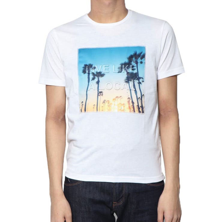 サーフフォトプリント凸エンボス加工ロゴTシャツのホワイト