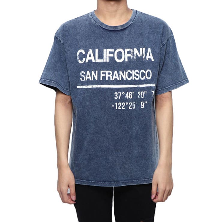 カットデニムケミカルBIGプリントTシャツのネイビー