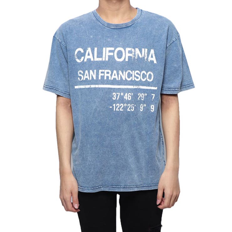 カットデニムケミカルBIGプリントTシャツのブルー