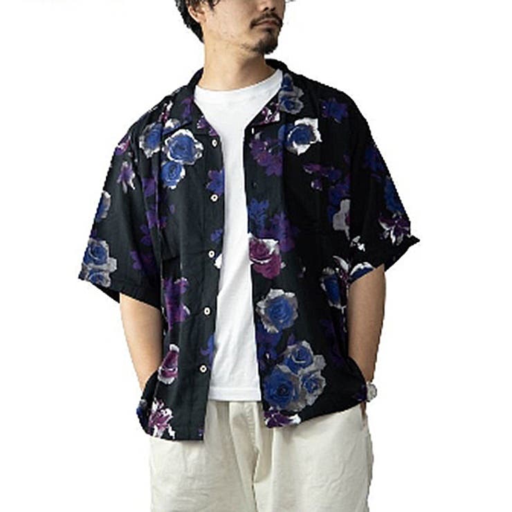 17724 ハワイ製 メンズ アロハシャツ 黒Ｘ紫 サイズＭ - トップス