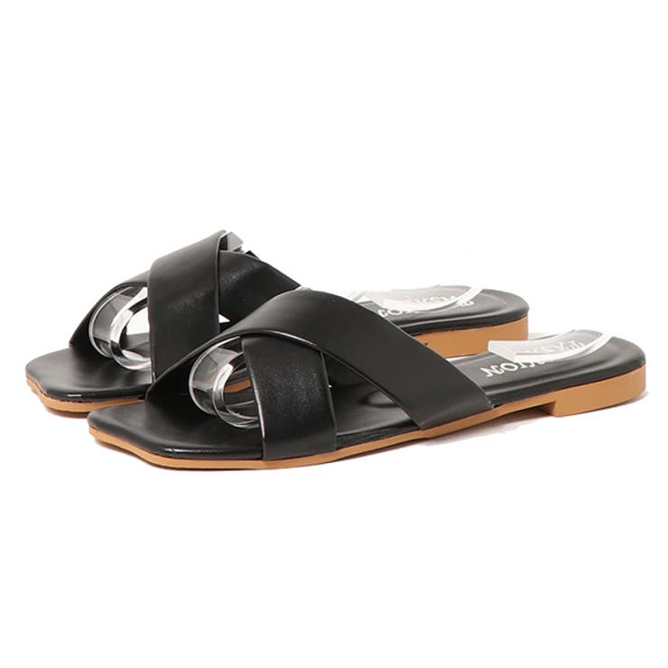 ブラック | フラットサンダル クロスベルト ぺたんこ | STYLEBLOCK