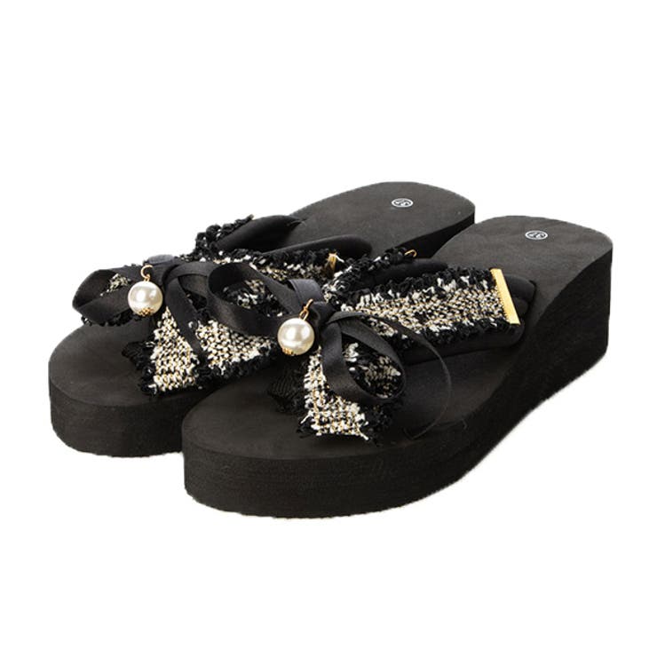 ブラック | ウェッジソールサンダル ビーチサンダル リボン | STYLEBLOCK