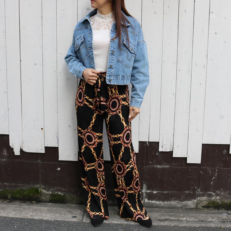 ストリート パンツ ダメージ 加工 クラッシュ チェーン柄 ワイド morecherie_mcp2020aug799