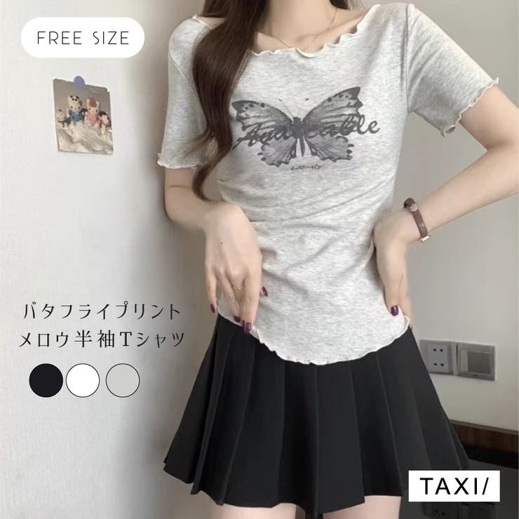 ブラック 蝶のプリント 半袖Tシャツ 蝶プリントメロウ半袖Tシャツ[品番：TAXW0009987]｜TAXI