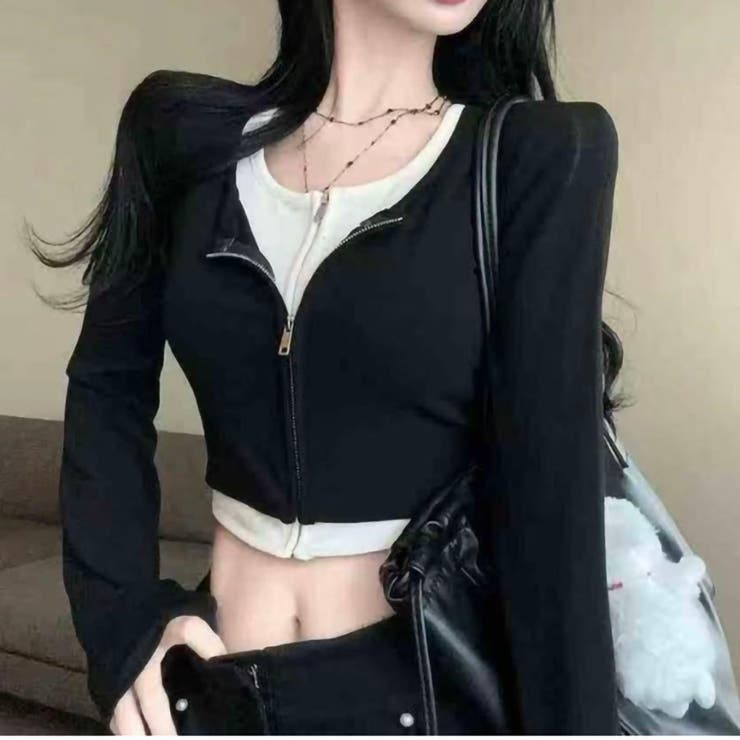 BLACK | レイヤード風前ZIP長袖プルオーバー | TAXI 