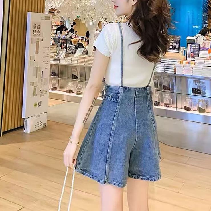 サスペンダー付きハイウエストデニムショートパンツ[品番：TAXW0001380