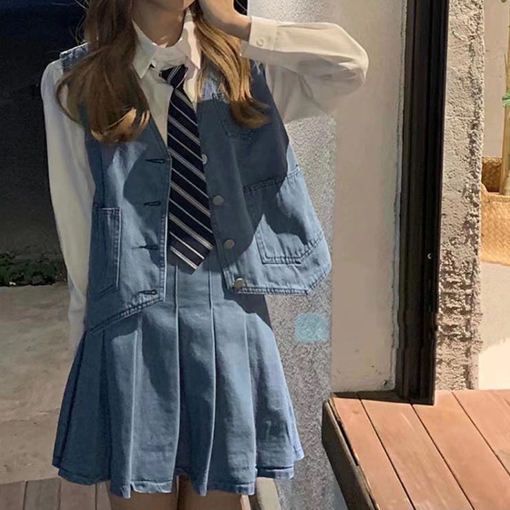 【韓国発】ベスト風トップスプリーツスカートセットアップ セットアップ 制服風 ブラウス ベスト プリーツスカート 韓国系
