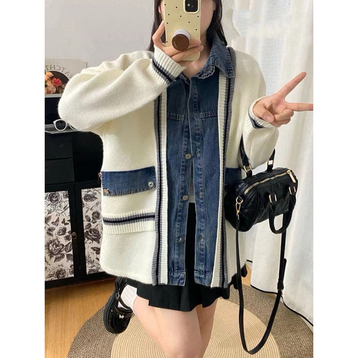 WHITE | デニム切替ビッグニットカーディガン | TAXI 