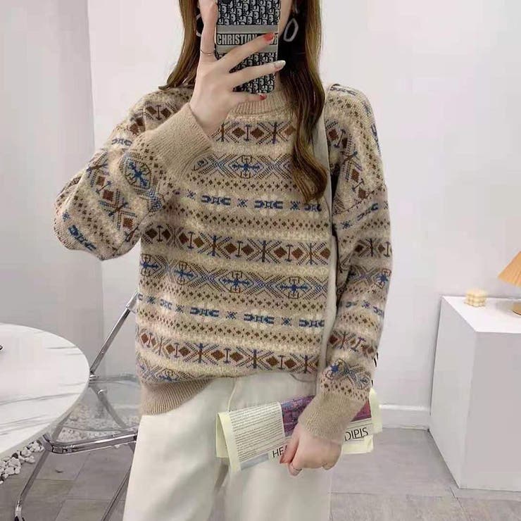 ノルディック柄 ベージュ 半袖ニット ノルディック柄 クルーネック ニット