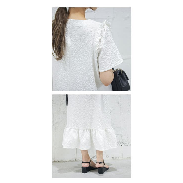 ☆SaturdayClub☆ フリルヘムフローラル ジャカード ワンピース ブルームカットジャカード フリルネックギャザーワンピース