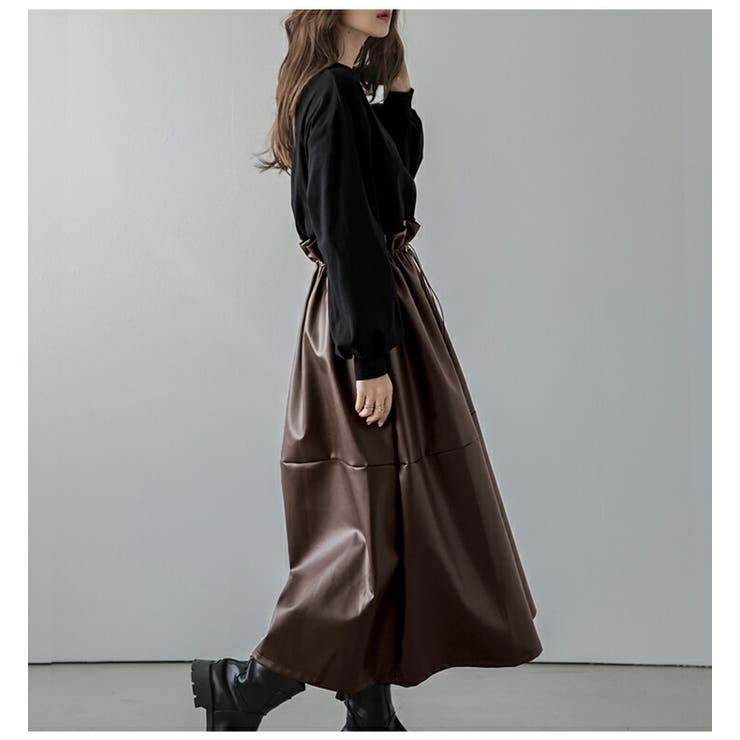 新発売の ドッキングワンピース フェイクレザー 異素材[品番：SGBW0001310 ロングワンピース+マキシワンピース