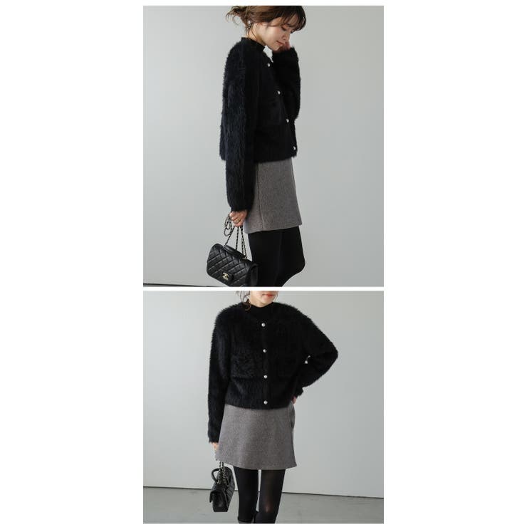 シャギーニットカーディガン ショート丈 パール調ボタン[品番