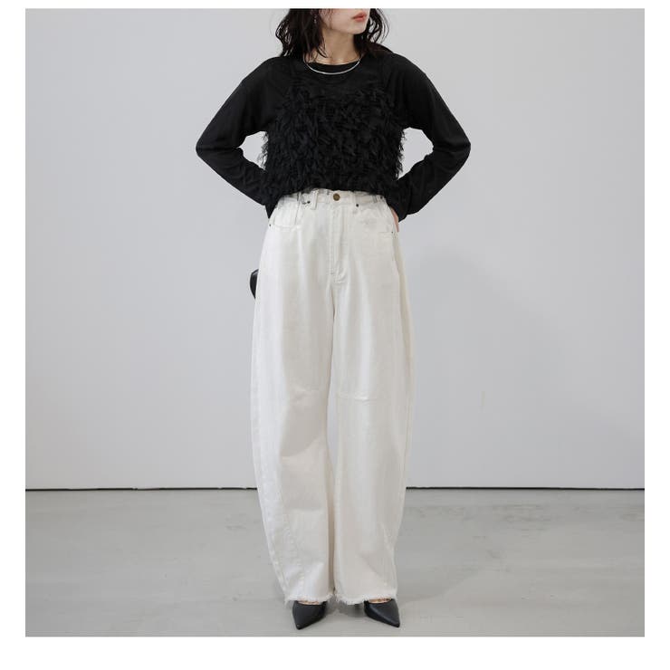 フリンジワイドデニム カーブパンツ ヴィンテージ[品番