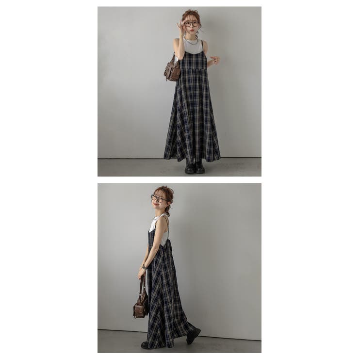 yukiemon刺繍ポケット付きチェック柄キャミワンピース キャミワンピース ロング丈 チェック柄[品番：SGBW0002145