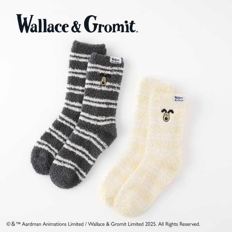 【ウォレスとグルミット】刺繍付き細ボーダールームソックス | SUKENO【WOMEN】 | 詳細画像1 