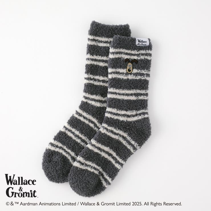 ダークグレー | 【ウォレスとグルミット】刺繍付き細ボーダールームソックス | SUKENO【WOMEN】