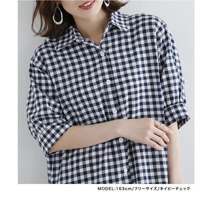 [FURFUR] ロングチェックシャツ  ネイビー系 人気ブランド ワンピース