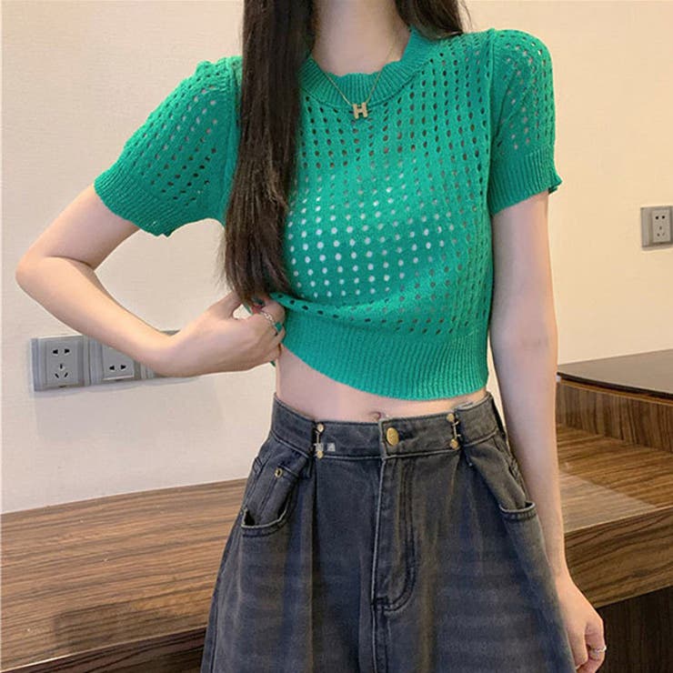 透かし編みニット 夏服 半袖ニット サマーニット BHAK003-3[品番