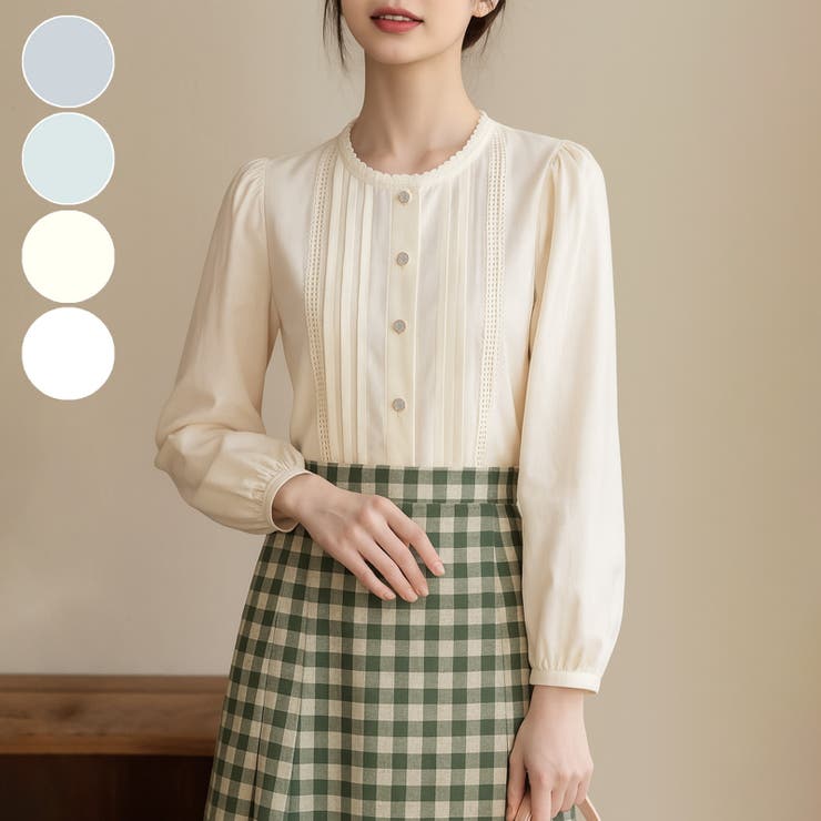 ナチュラル可愛いレースピンタックブラウス｜上品パールボタン 長袖コットンシャツ | Tannsu Dance | 詳細画像1 