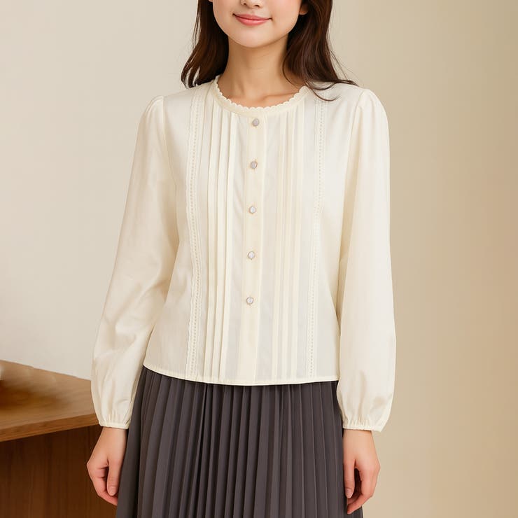BEIGE | ナチュラル可愛いレースピンタックブラウス｜上品パールボタン 長袖コットンシャツ | Tannsu Dance