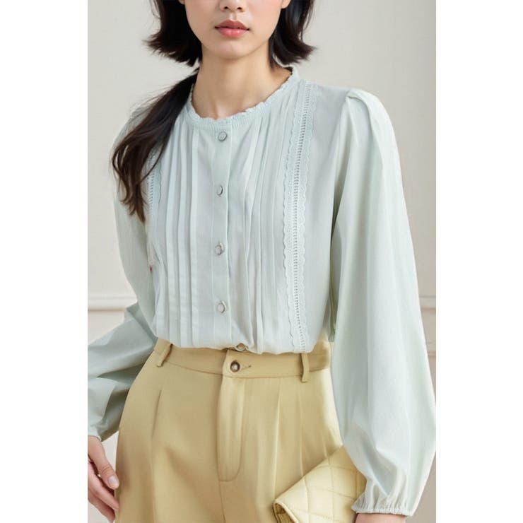 ナチュラル可愛いレースピンタックブラウス｜上品パールボタン 長袖コットンシャツ | Tannsu Dance | 詳細画像14 