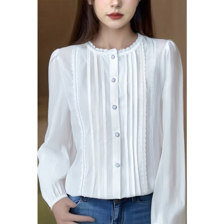 ナチュラル可愛いレースピンタックブラウス｜上品パールボタン 長袖コットンシャツ | Tannsu Dance | 詳細画像3 