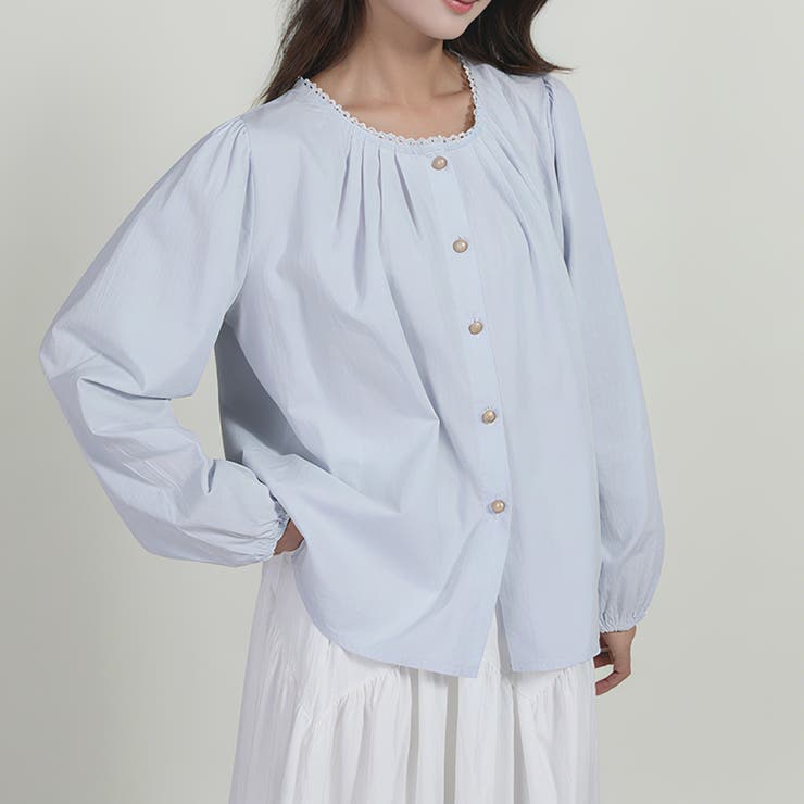 BLUE | ナチュラルデザインブラウス レディース パフスリーブ＆ウッドボタン付き | Tannsu Dance