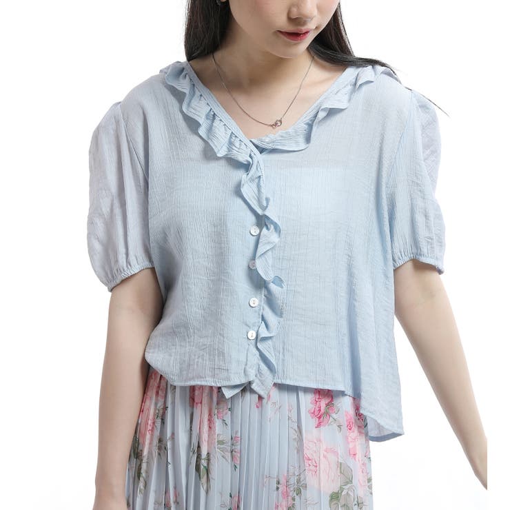 ブルー | 半袖フリル使いギャザー袖ブラウストップス 前ボタン シャツ | Tannsu Dance