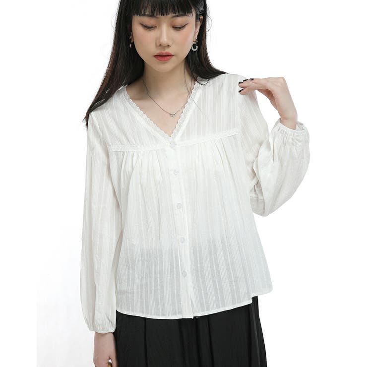 レディース レース使いVネックレース前開き長袖ブラウス | Tannsu Dance | 詳細画像3 