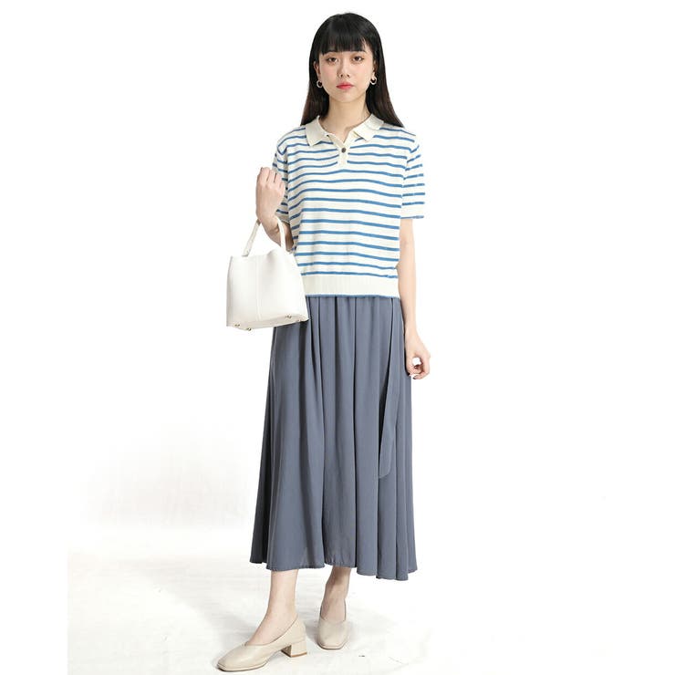 ブルー | ボーダートップス 半袖 ポロシャツ | Tannsu Dance