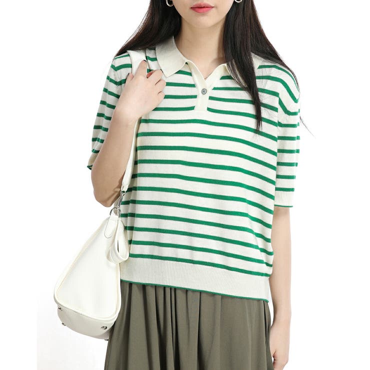 グリーン | ボーダートップス 半袖 ポロシャツ | Tannsu Dance