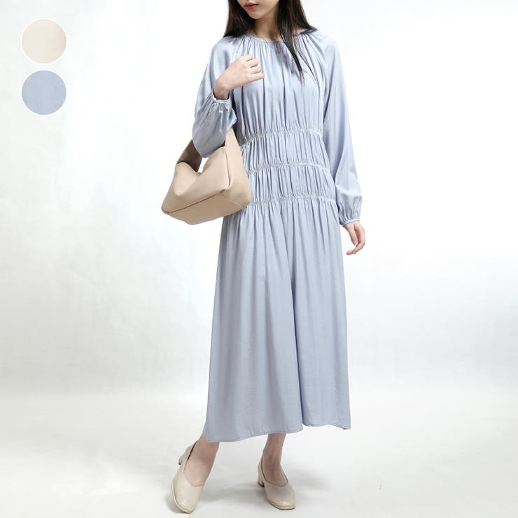 レディースラウンドネックギャザー切り替えコットンワンピース | Tannsu Dance | 詳細画像1 