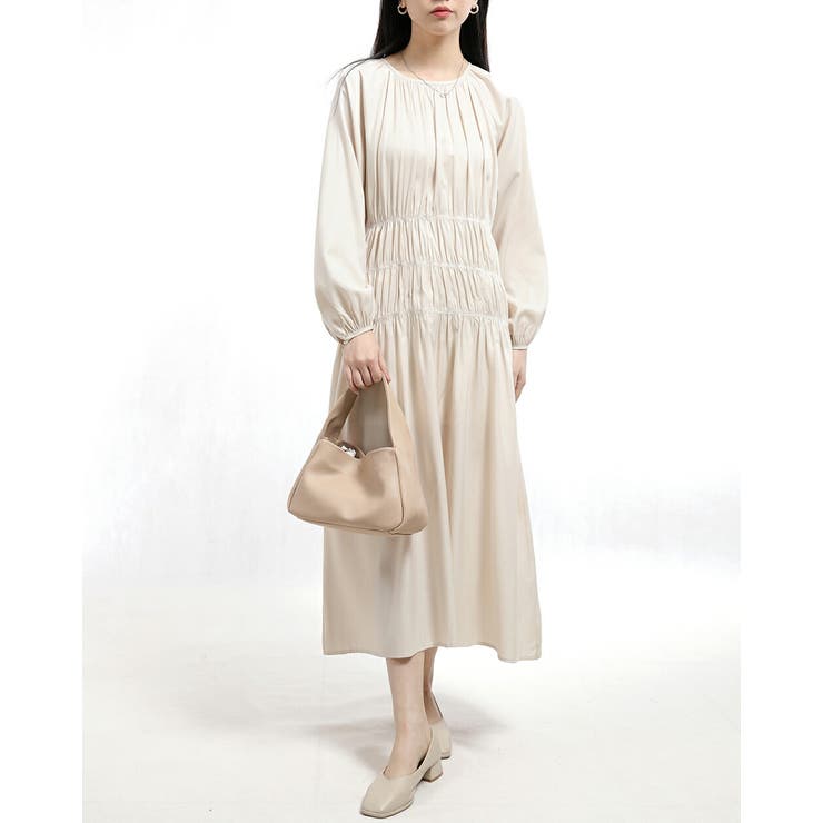 ベージュ | レディースラウンドネックギャザー切り替えコットンワンピース | Tannsu Dance