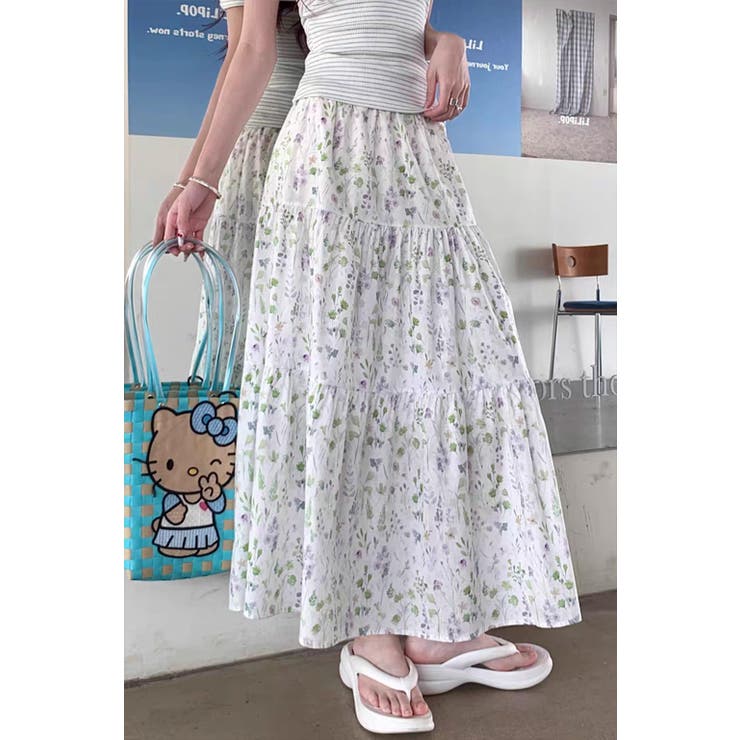 小花柄ティアードフレアロングスカート ウエストゴム 裏地付き | Tannsu Dance | 詳細画像12 