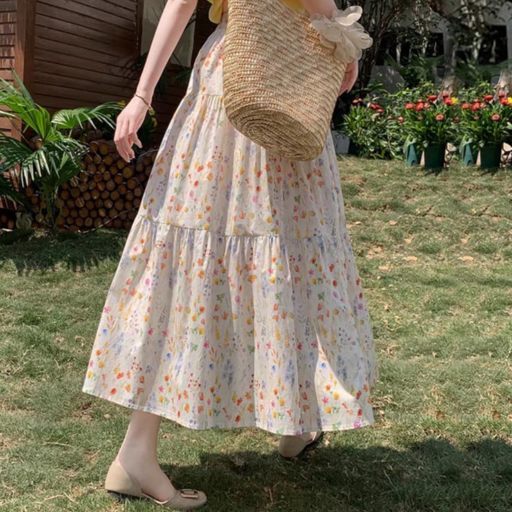 小花柄ティアードフレアロングスカート ウエストゴム 裏地付き | Tannsu Dance | 詳細画像14 