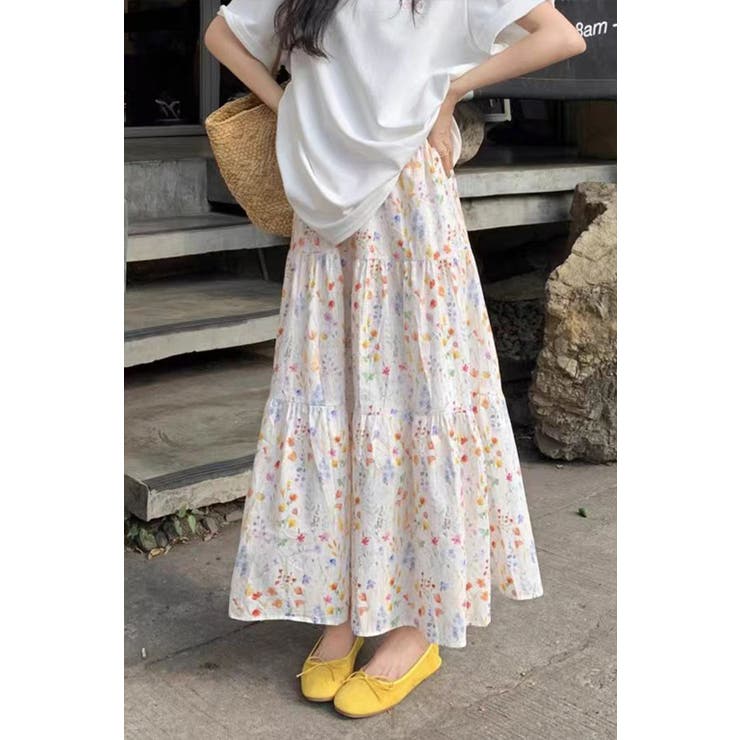 小花柄ティアードフレアロングスカート ウエストゴム 裏地付き | Tannsu Dance | 詳細画像4 