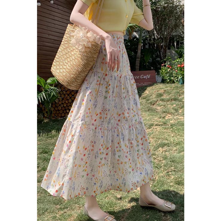 小花柄ティアードフレアロングスカート ウエストゴム 裏地付き | Tannsu Dance | 詳細画像6 