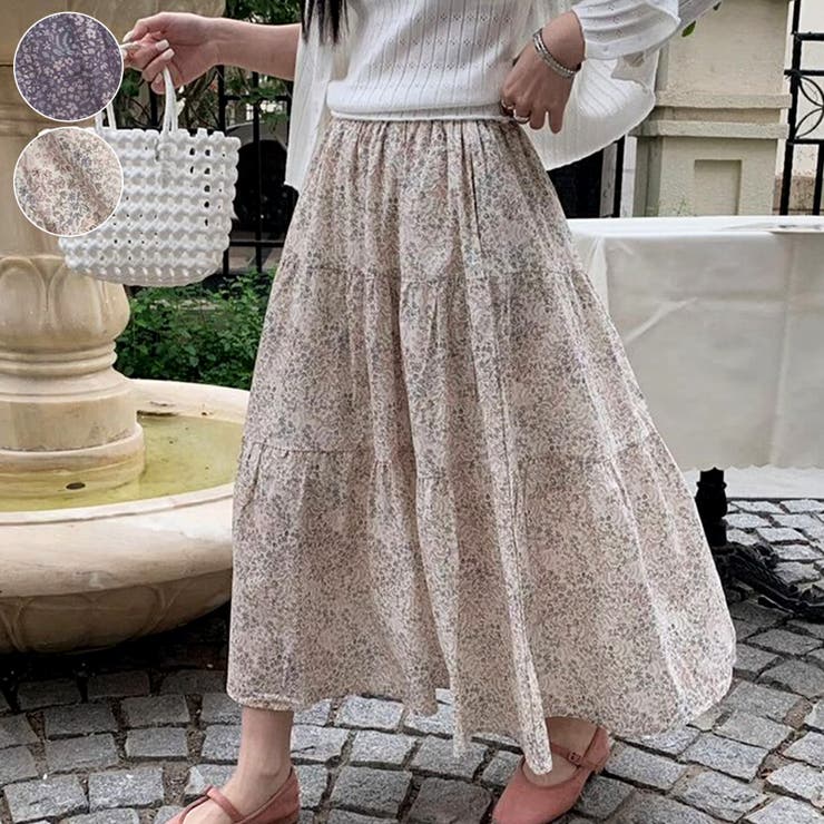 小花柄ティアードロングスカート マキシ丈 裏地付き ウエストゴム レディース | Tannsu Dance | 詳細画像1 