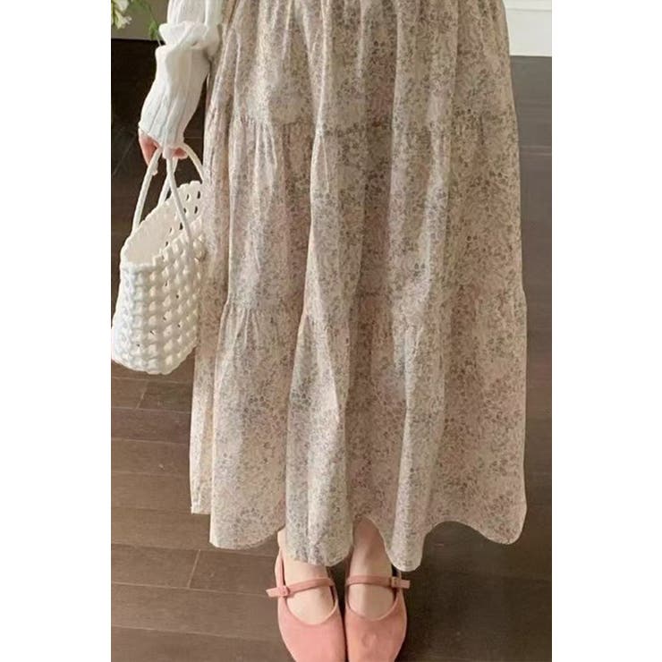 小花柄ティアードロングスカート マキシ丈 裏地付き ウエストゴム レディース | Tannsu Dance | 詳細画像2 