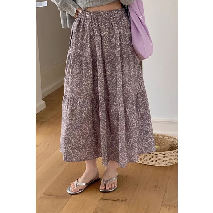 小花柄ティアードロングスカート マキシ丈 裏地付き ウエストゴム レディース | Tannsu Dance | 詳細画像4 