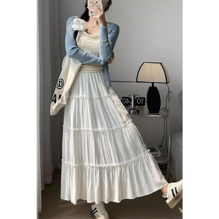 無地ティアードロングスカート マキシ丈 裏地付き ウエストゴム レディース | Tannsu Dance | 詳細画像3 