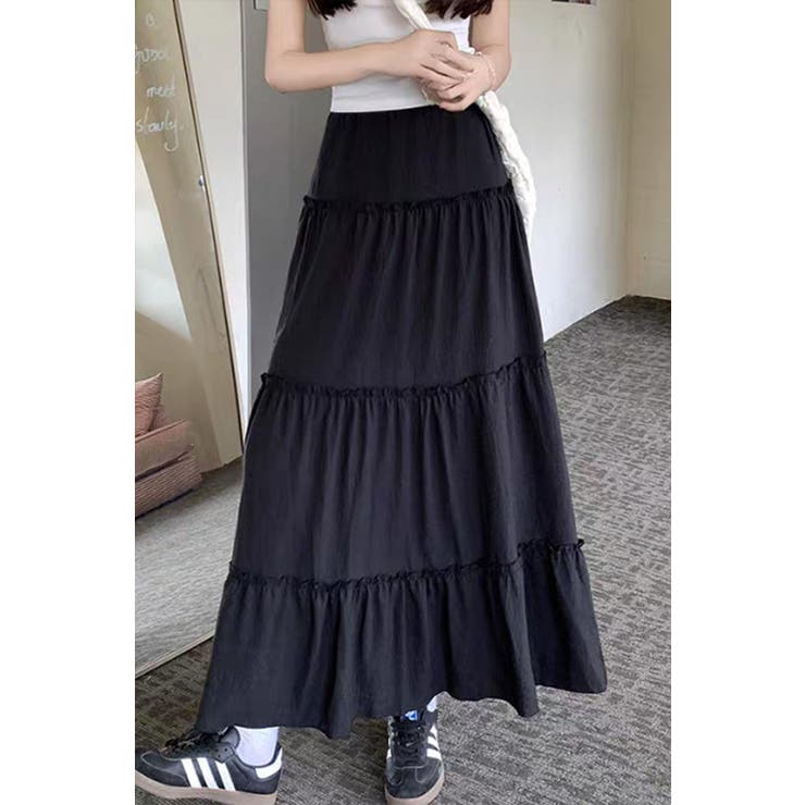 無地ティアードロングスカート マキシ丈 裏地付き ウエストゴム レディース | Tannsu Dance | 詳細画像4 
