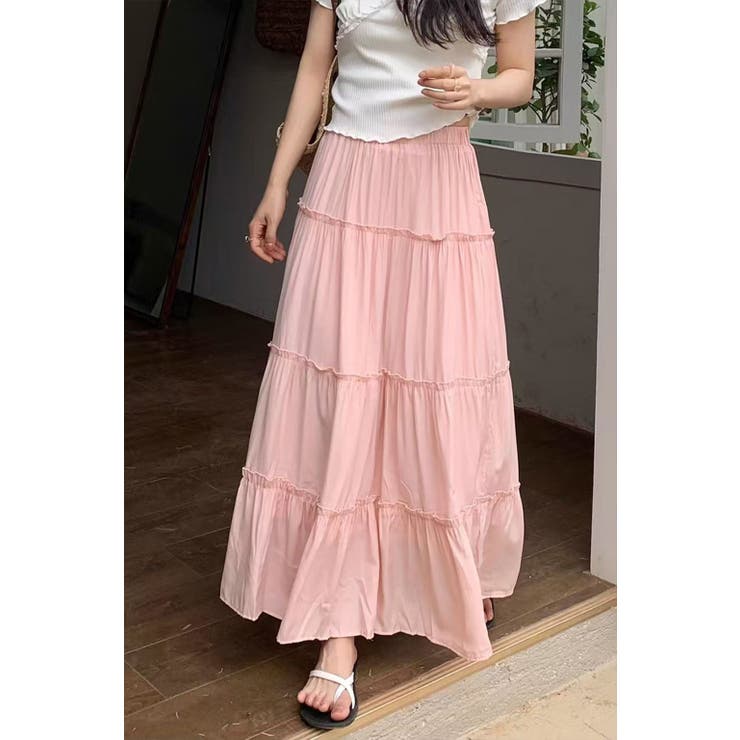 無地ティアードロングスカート マキシ丈 裏地付き ウエストゴム レディース | Tannsu Dance | 詳細画像7 