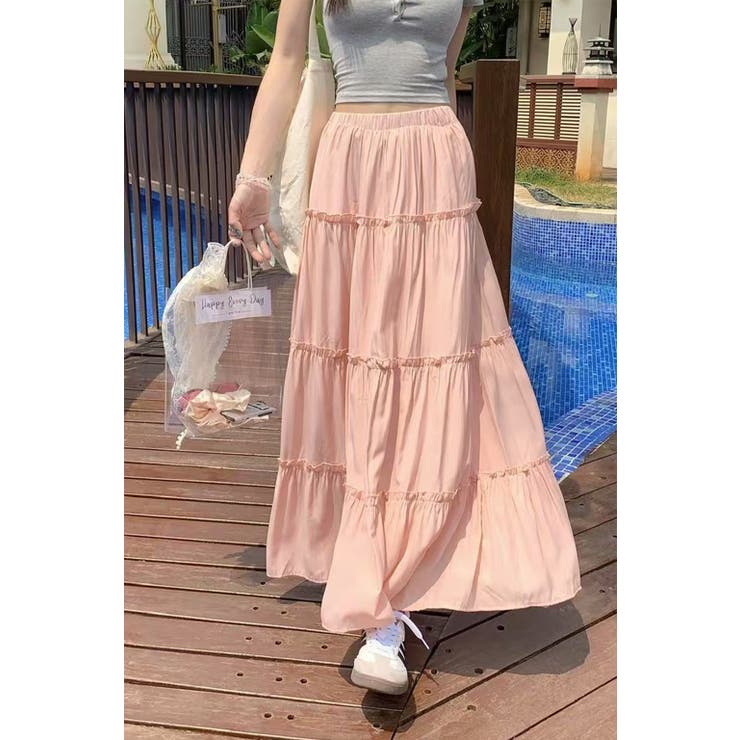 無地ティアードロングスカート マキシ丈 裏地付き ウエストゴム レディース | Tannsu Dance | 詳細画像8 