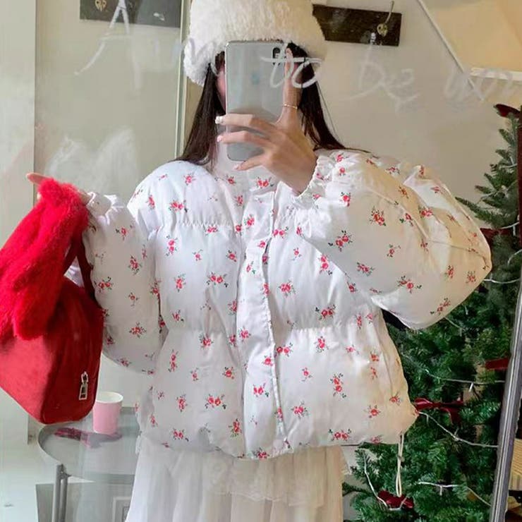 White | フラワープリント 中綿ジャケット ショート | Tannsu Dance