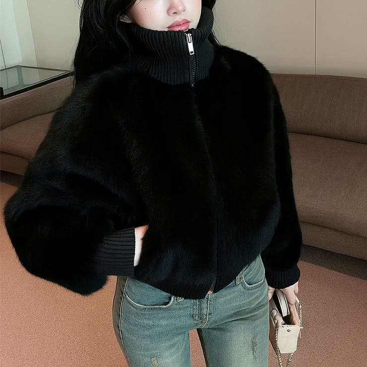 Black | フェイクファー ボアジャケット ショート丈 | Tannsu Dance