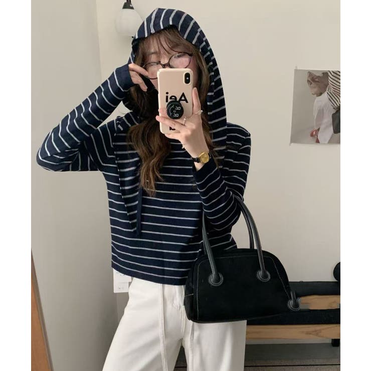 フード付き ボーダーニットプルオーバー レディース ショート丈 | Tannsu Dance | 詳細画像4 