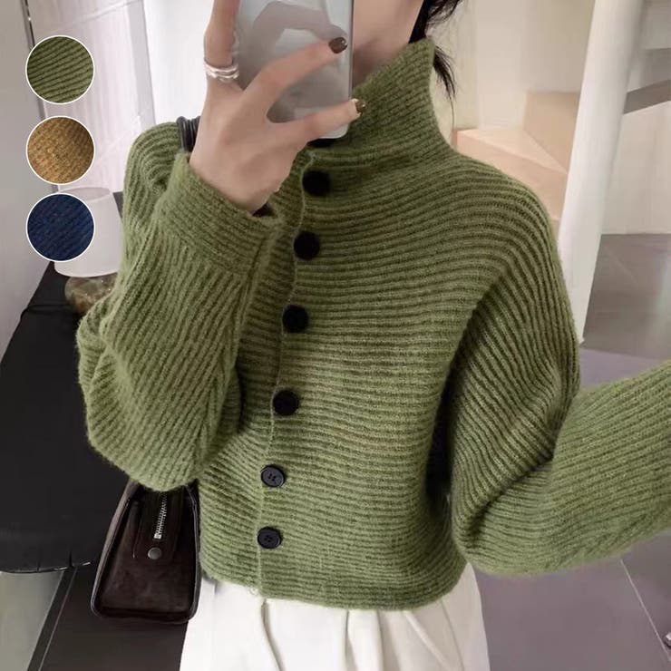 ハイネック リブ編みショートカーディガンニット レディース 前ボタン | Tannsu Dance | 詳細画像1 