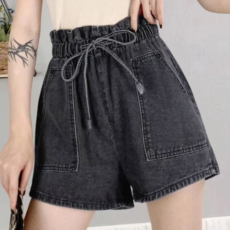 ブラック | デニムショートパンツ レディース フリル風 | teddyshop